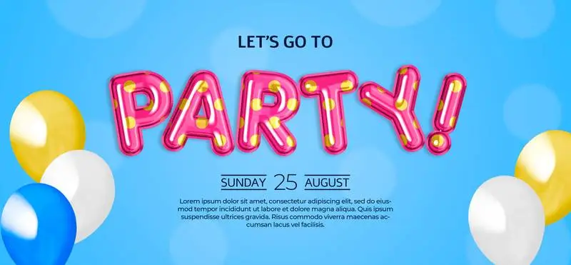 Banner for Children’s Party with Text and Balloons on a Blue Background with Polka Dots