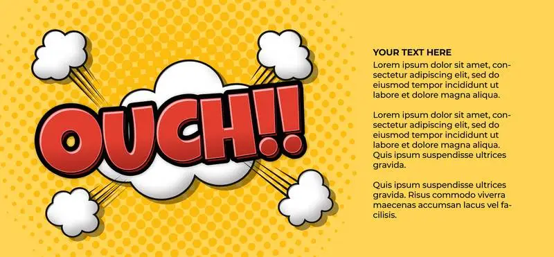 Colourful Cartoon Banner with OUCH Symbol on Yellow Dots Background