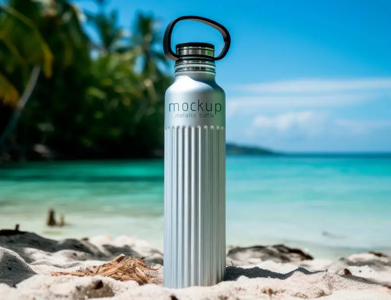 Mockup of Metallic Bottle on a Beach Scene