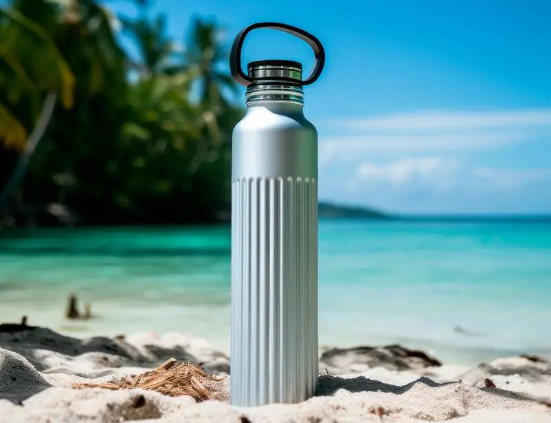 Image of Metal Bottle on Sandy Beach with Sea in Background