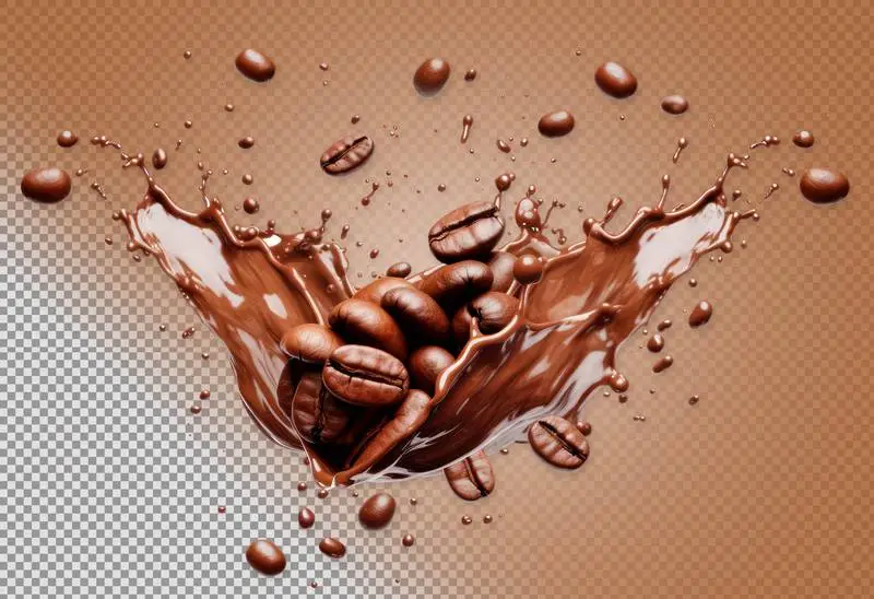 Coffee Splash with Coffee Beans on Transparent Background