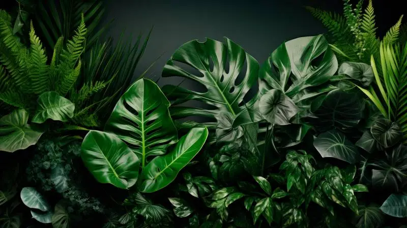Image of a Collection of Tropical Plants on a Green Background