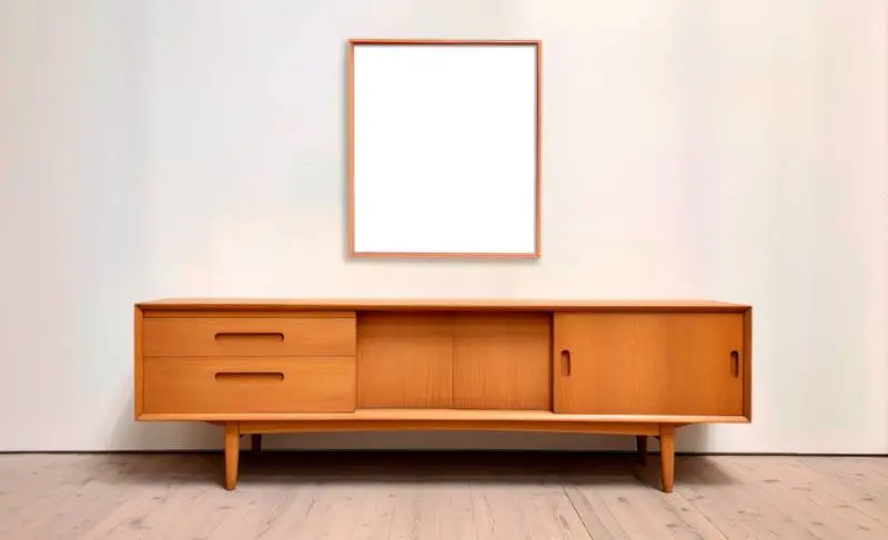 Image of Blank Picture with Wooden Frame on Mid-Century Sideboard in Minimalist Room