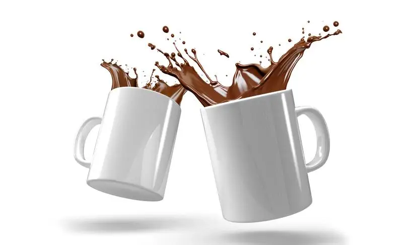 Image of White Mug Pack with Coffee Splash on White Background