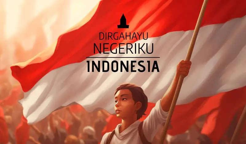 Indonesian Independence Celebration Banner with Illustration of Man with Flag