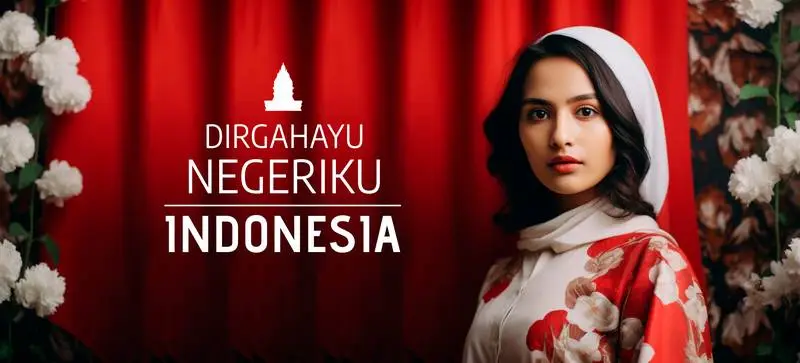 Indonesian Independence Celebration Banner with Image of Girl with Curtains and Flowers