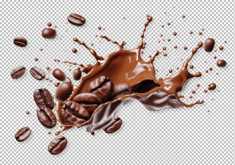 Liquid Splash and Coffee Beans on Transparent Background