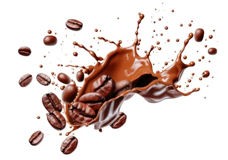 Liquid Splash and Coffee Beans on White Background