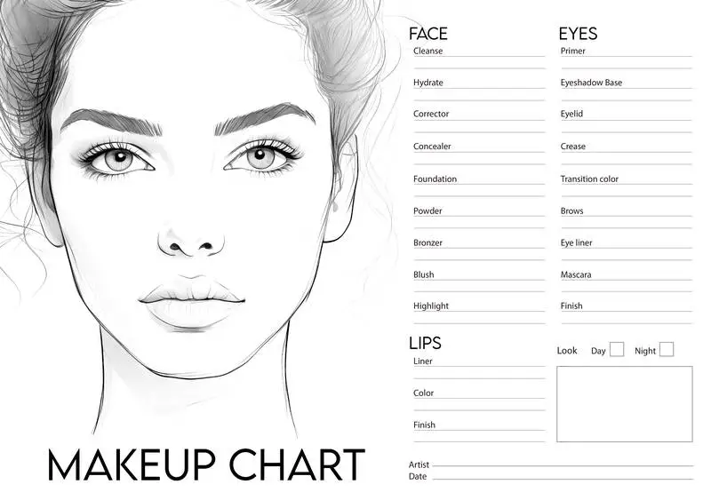 Makeup Face Chart with Hand Drawn Woman Face