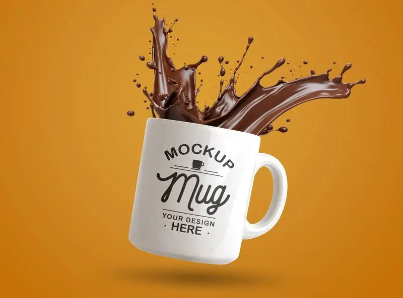 Mockup of Coffee Splash on White Mug on Blue Background
