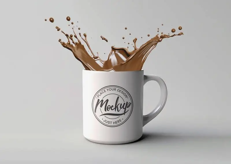Mockup of Isolated Mug with Coffee Splash on White Background