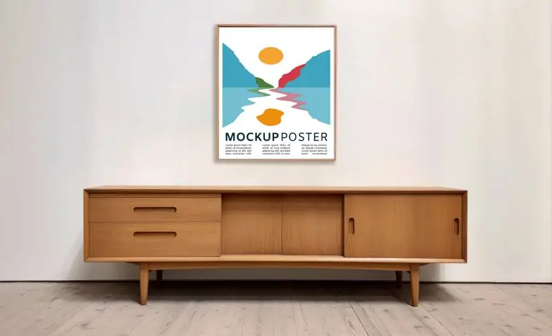 Mockup of Poster with Wooden Frame on Mid-Century Sideboard in Minimalist Room