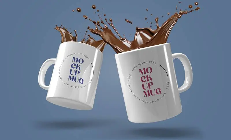 Mockup of White Mug Pack with Coffee Splash on a Blue Background