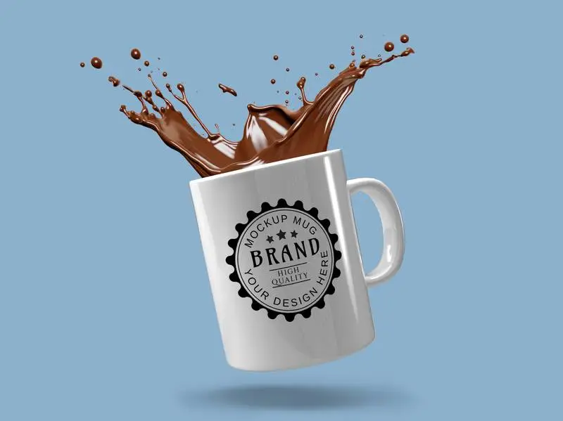 Mockup of White Mug with Coffee Splash on Blue Background