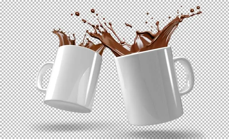 Pack of White Mugs Isolated with Coffee Splash on a Transparent Background