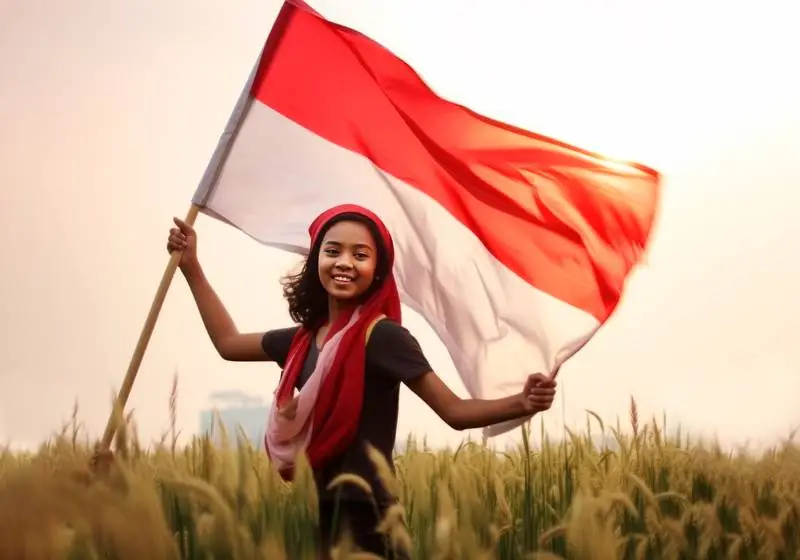 Photography of a Smiling Indonesian Young Girl Holding a Waving Indonesia Flag in a Field