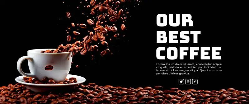 White Mug Banner with Coffee Swirl and Text on a Black Background