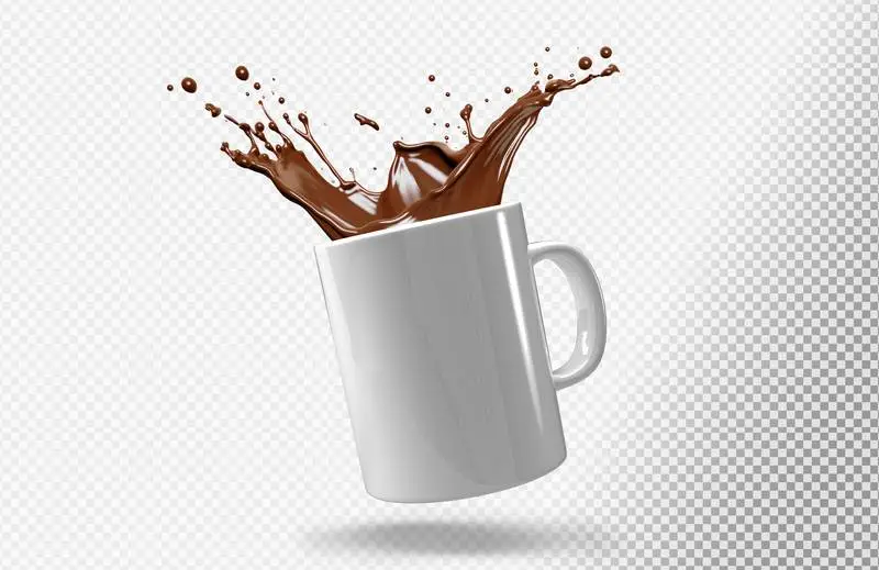 White Mug with Coffee Splash Isolated on Transparent Background