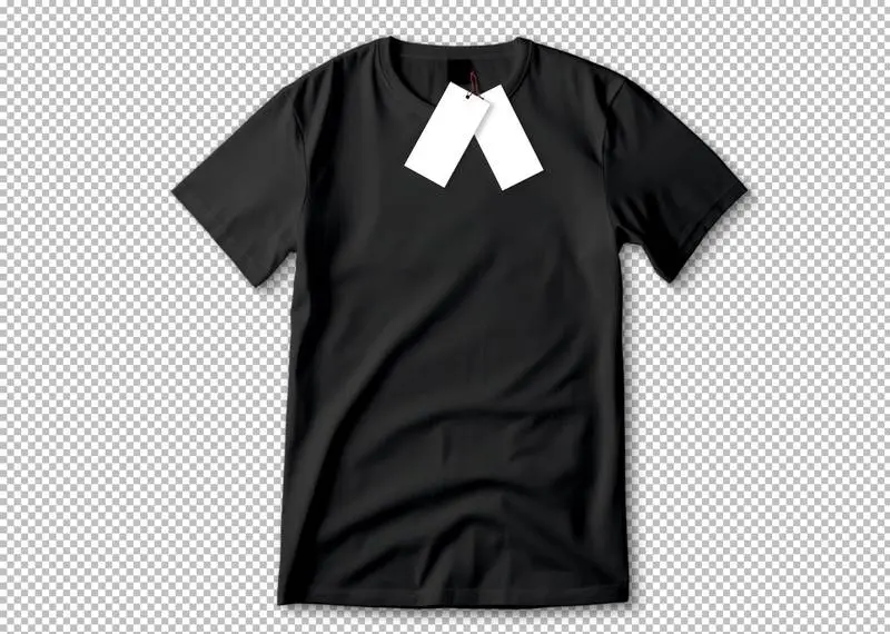 Black T-Shirt with Labels Isolated on a Transparent Background