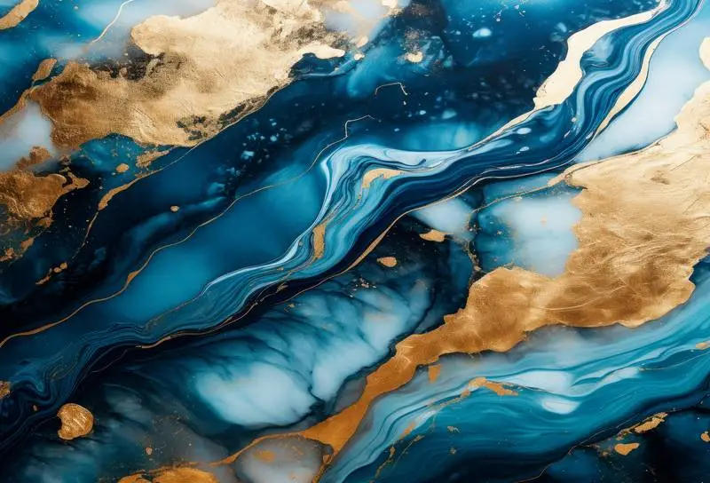 Blue Palette Liquid Ink Background with Golden Streaks