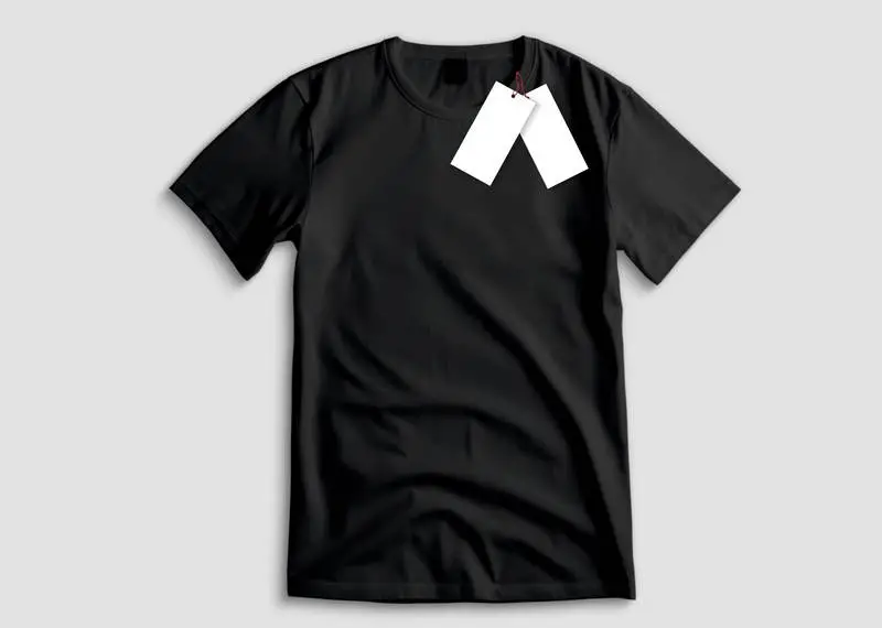 Image of a Black T-Shirt with Labels on a White Background
