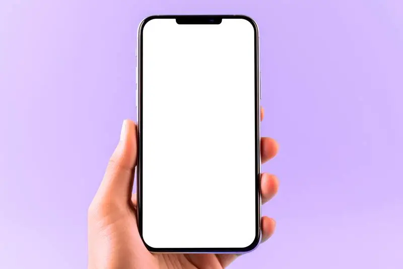 Image of Hand Holding a Smartphone over Purple Background