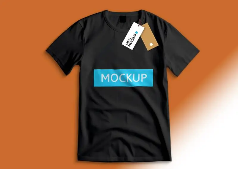 Mockup of a Black T-Shirt with Labels on a Transparent Background