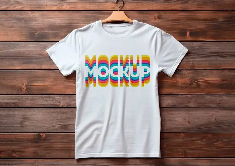 Mockup of a White T-Shirt Stretched Out with Hanger on a Wooden Background