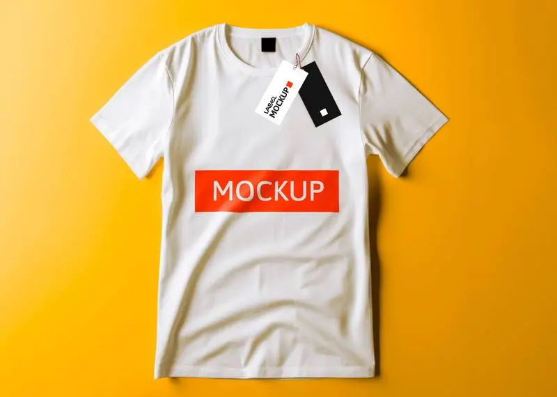 Mockup of a White T-Shirt with Labels on a Blue Background