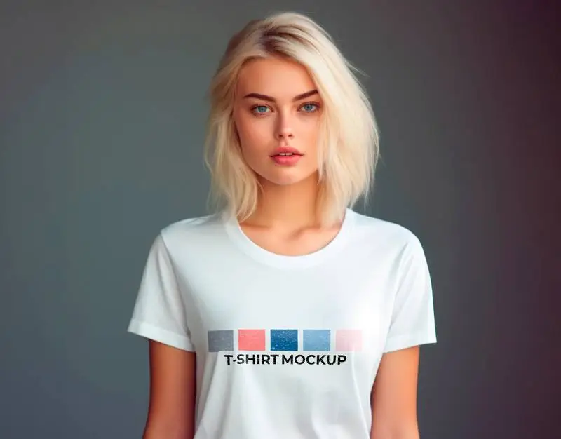 Mockup of a Young Woman Wearing a White T-Shirt on a Dark Background with Gradient