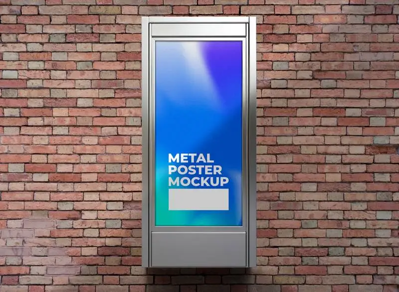 Showcase Mockup with Metal Frame for Poster on Brick Wall