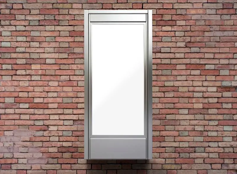 White Advertising Window Display on a Brick Wall