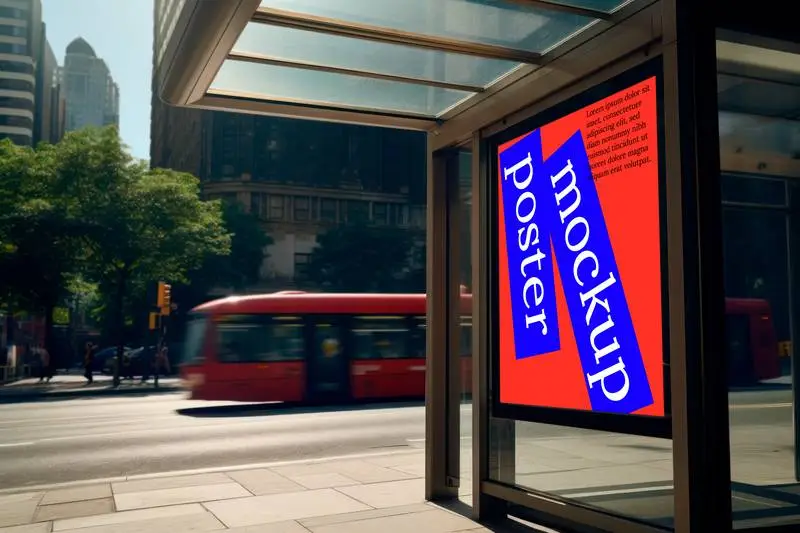 Bus Shelter Advertising Mockup with a Modern City in the Background