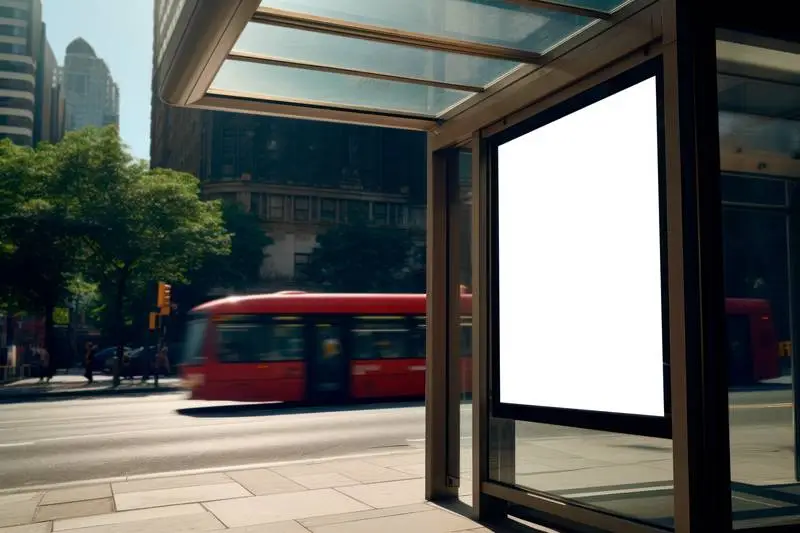 White Screen Image for Bus Shelter Advertisement with a Modern City in the Background