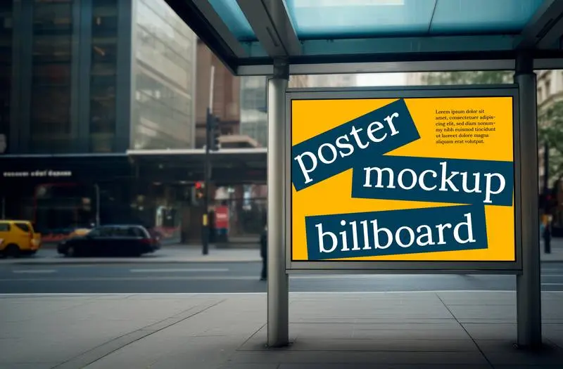 Advertising screen mockup with modern city buildings in the background