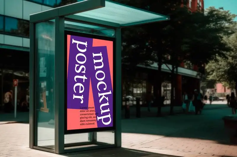 Mockup of a Screen on a Metal Canopy in the Street with a Modern City in the Background