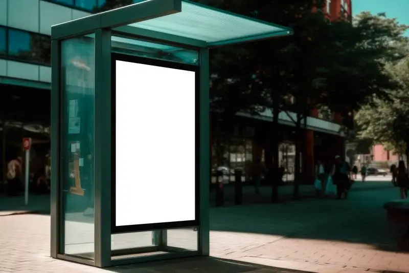 White Screen Image on a Metal Canopy in the Street with a Modern City in the Background