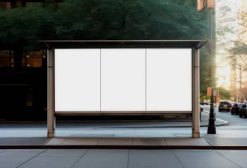Image of a White Panel with a Poster Collection on a Metal Canopy with a Street in the Background