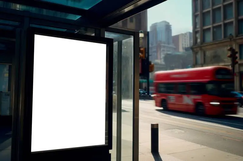 Image of a White Advertising Poster on a Metallic Canopy with a Street in the Background