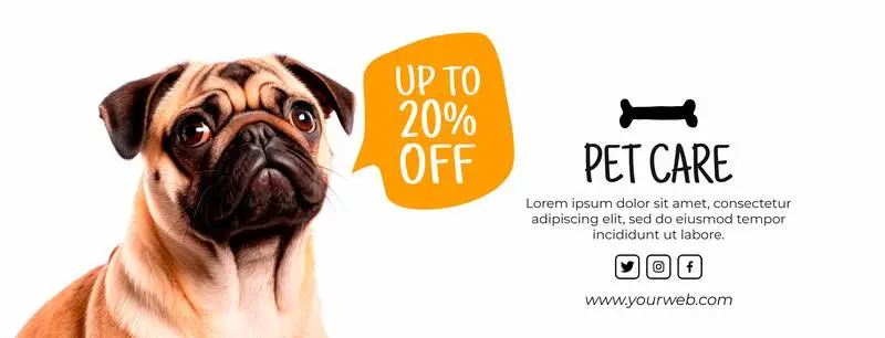 Pug Banner with Informative Text and Bubble on a White Background