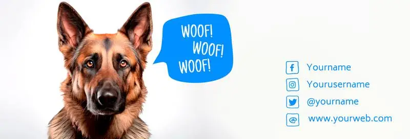 Banner of a German Shepherd with Contact Info and Blue Bubble on a White Background