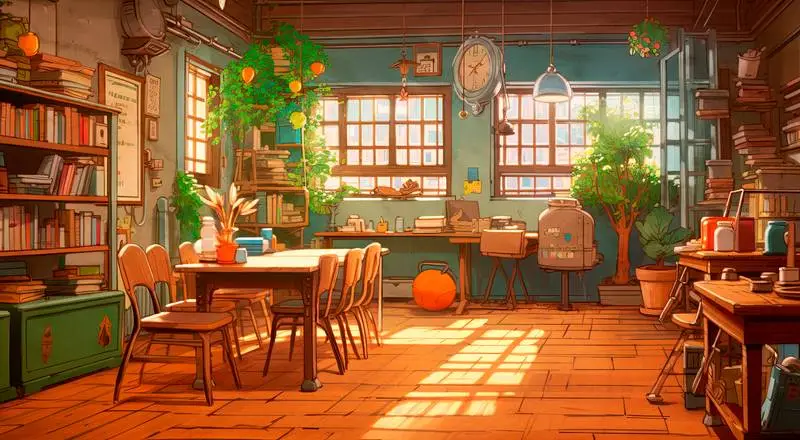 Beautiful Illustration of a Classroom with Tables and Plants