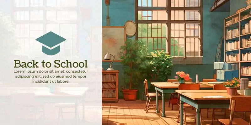 Back to School Text Banner on a Classroom Illustration with Tables and Plants