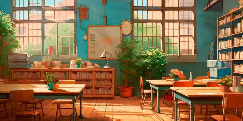 Illustration for Back to School Classroom with Tables and Plants