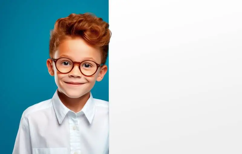 Image of a Blank Panel and a Ginger Boy with Glasses on a Blue Background