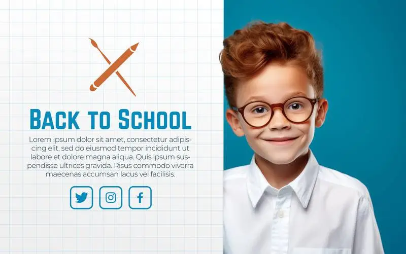 Banner with a Blank Panel and a Ginger Boy with Glasses on a Blue Background