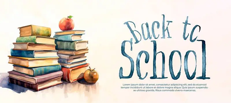 Banner with a Watercolour Illustration with Books for Back to School