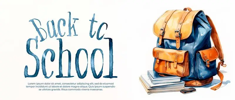 Banner with a Watercolour School Bag Illustration and Text for Back to School