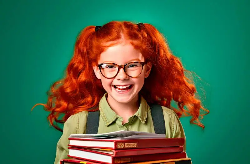 Image of a Red-Haired Girl with Red Books on a Green Background