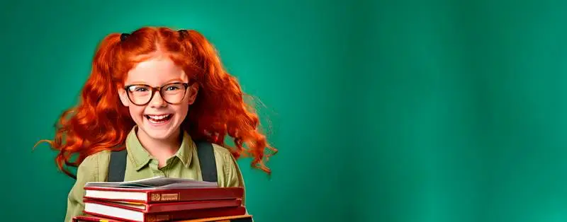 Blank Banner of a Red-Haired Girl with Red Books on a Green Background